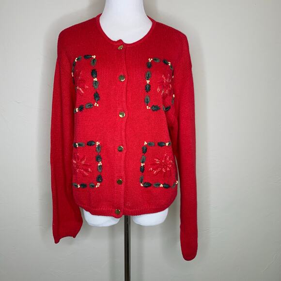 Vintage Sweaters - Vintage Christmas Sweater Red Cardigan Large